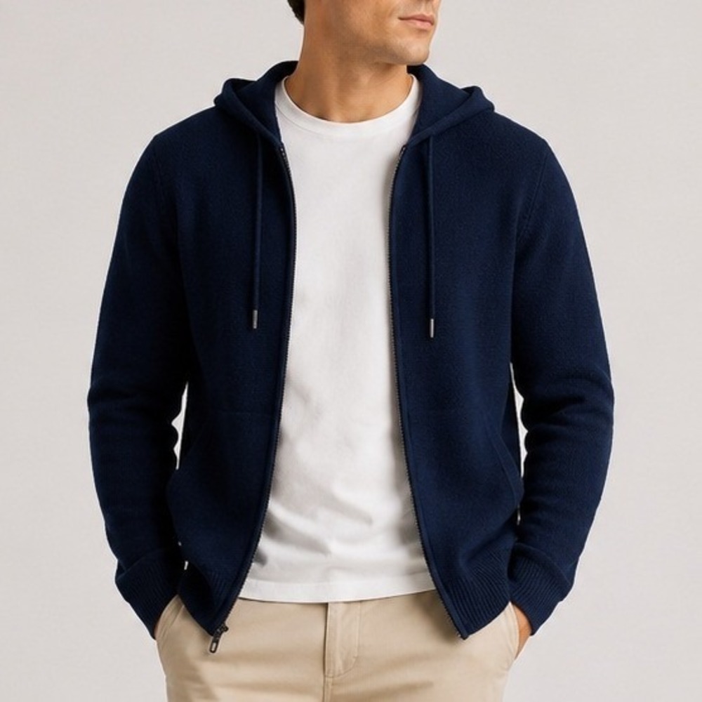 Quince Hoodie Mongolian Cashmere Full Zip Pocket Cozy Travel Navy Large NWOT